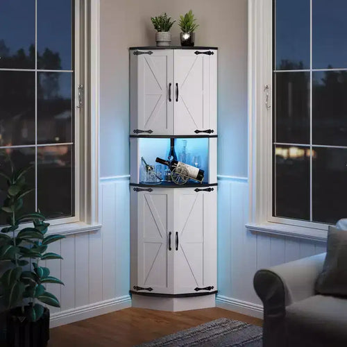 64,6 Mobile angolare stile rustico con luce, 4 ante a granaio e 5 ripiani, soluzione autoportante per bagno, cucina, soggiorno o bar