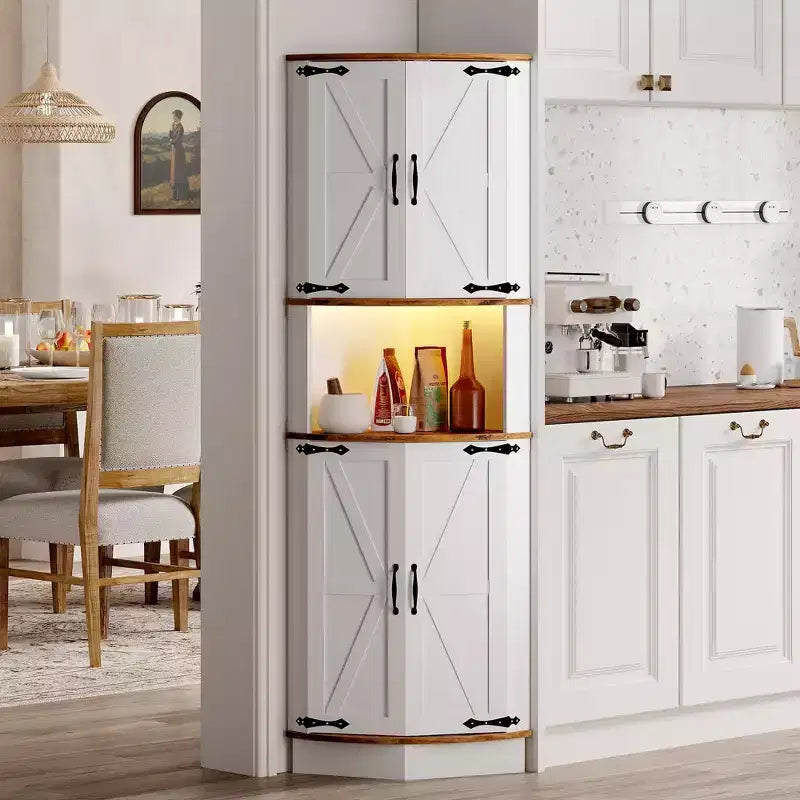 64,6 Mobile angolare stile rustico con luce, 4 ante a granaio e 5 ripiani, soluzione autoportante per bagno, cucina, soggiorno o bar