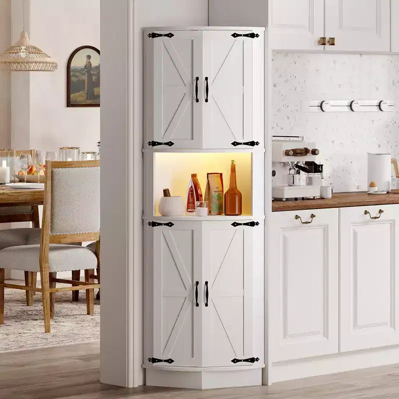 64,6 Mobile angolare stile rustico con luce, 4 ante a granaio e 5 ripiani, soluzione autoportante per bagno, cucina, soggiorno o bar