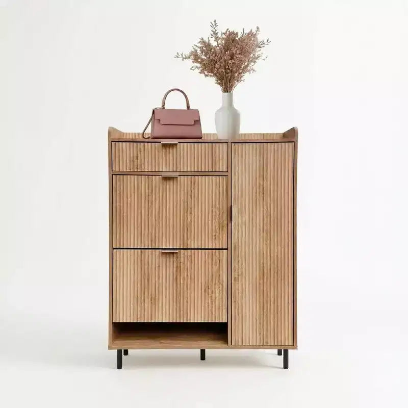 Narrow Shoe Storage Cabinet with 2 Flip Drawers, Adjustable Shelves, Wave Design & Metal Legs for Entryway or Hallway