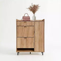 Narrow Shoe Storage Cabinet with 2 Flip Drawers, Adjustable Shelves, Wave Design & Metal Legs for Entryway or Hallway
