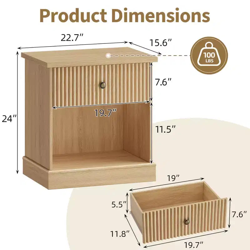 Comodino scanalato da 24 pollici con cassetto, comodino moderno di metà secolo con ripiano aperto, comodino in legno con base a bordo curvo per soggiorno camera da letto