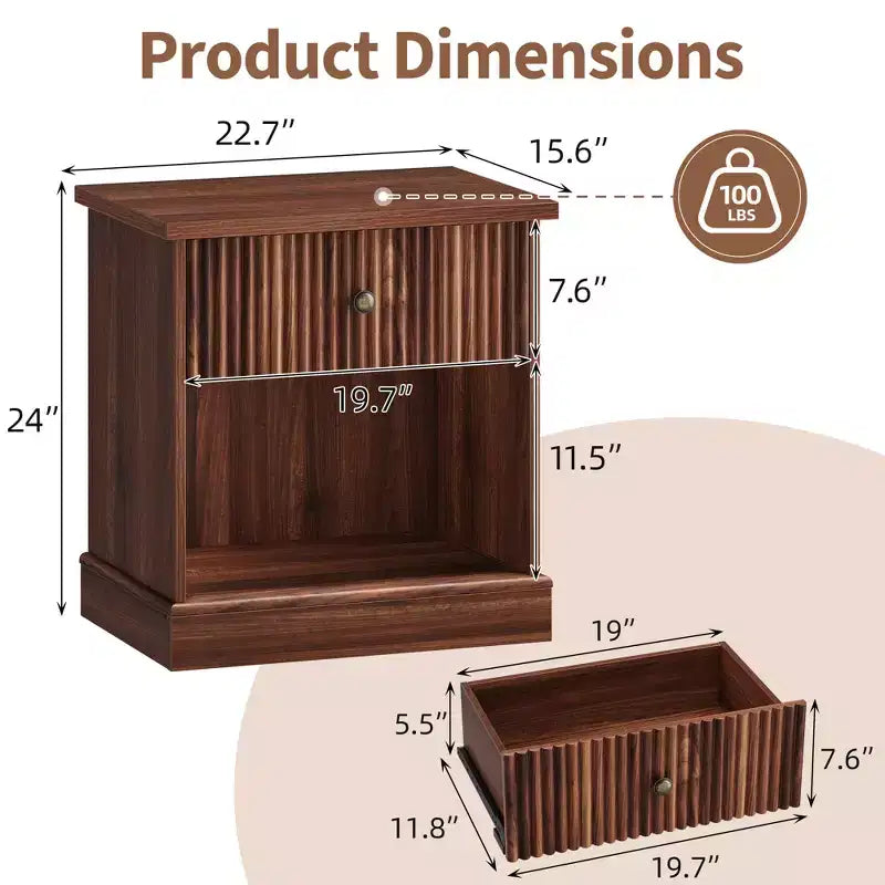 Comodino scanalato da 24 pollici con cassetto, comodino moderno di metà secolo con ripiano aperto, comodino in legno con base a bordo curvo per soggiorno camera da letto