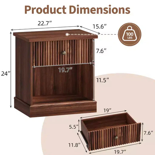 Comodino scanalato da 24 pollici con cassetto, comodino moderno di metà secolo con ripiano aperto, comodino in legno con base a bordo curvo per soggiorno camera da letto