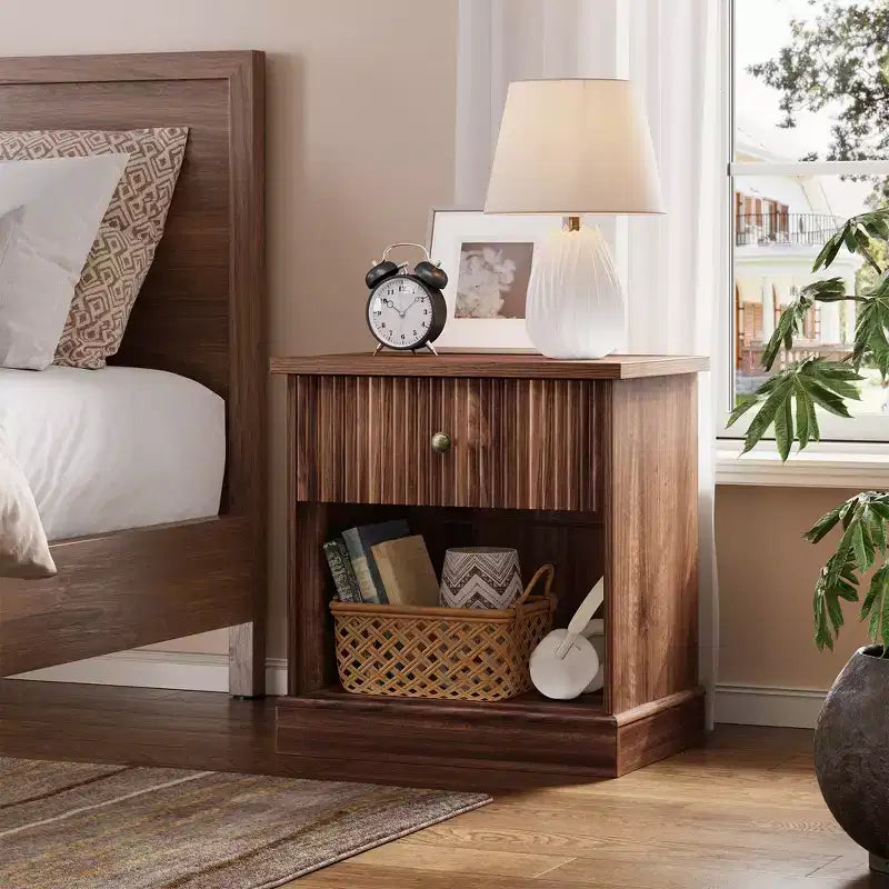 24 Fluted Nightstand with Drawer, Mid Century Modern Bedside Table with Open Shelf, Wood Nightstand with Curved Edge Base for Living Room Bedroom