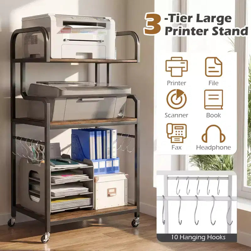 Costway carrello porta stampante mobile a 3 ripiani per ufficio con ripiani portaoggetti
