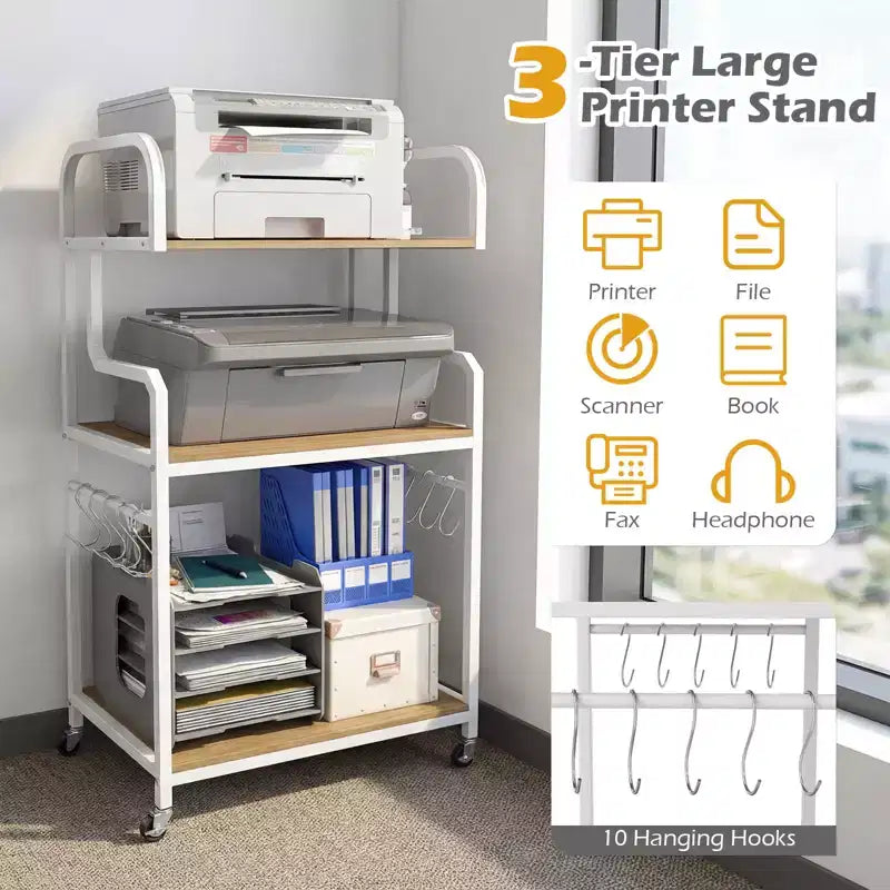 Costway carrello porta stampante mobile a 3 ripiani per ufficio con ripiani portaoggetti