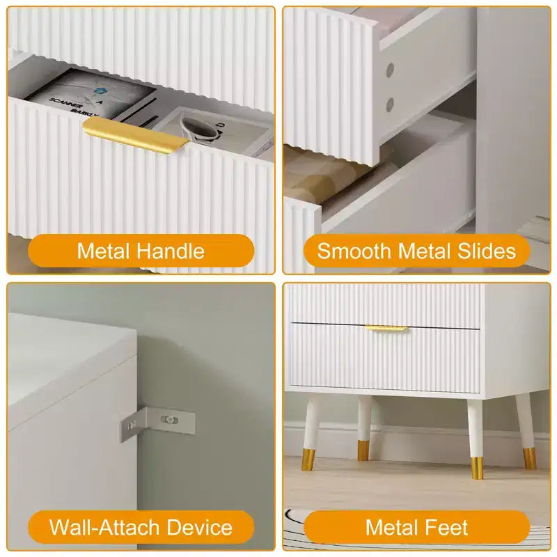 Comò per camera da letto, cassettiera moderna a 4 cassetti con maniglie e gambe in metallo dorate, comodino piccolo scanalato