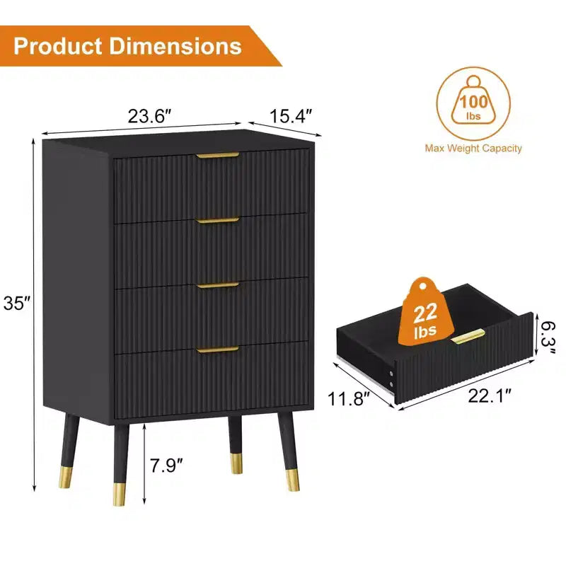 Comò per camera da letto, cassettiera moderna a 4 cassetti con maniglie e gambe in metallo dorate, comodino piccolo scanalato