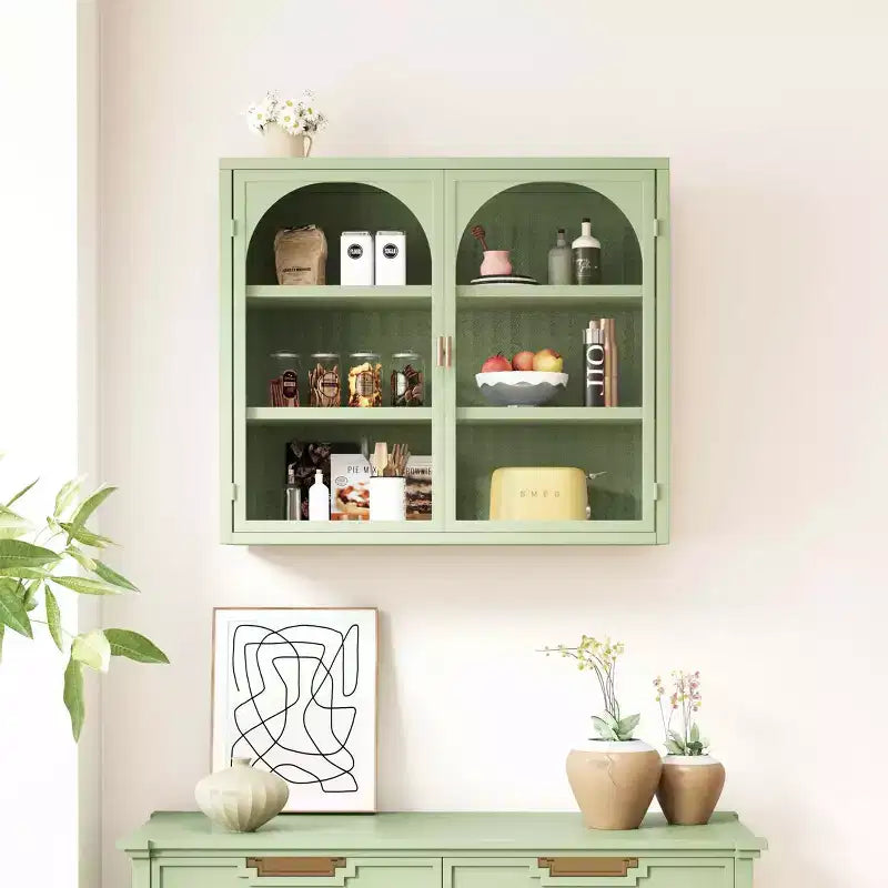 MAYEERTY 27.56 Glass Doors Modern Two-door Wall Cabinet with Featuring Three Tiers Storage Woven Pattern for Bathroom Living Room Green