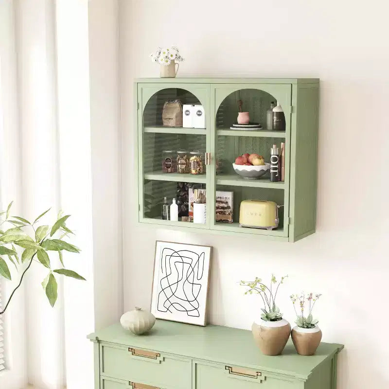MAYEERTY 27.56 Armadietto pensile moderno a due ante in vetro con tre ripiani e motivo intrecciato per bagno e soggiorno, verde