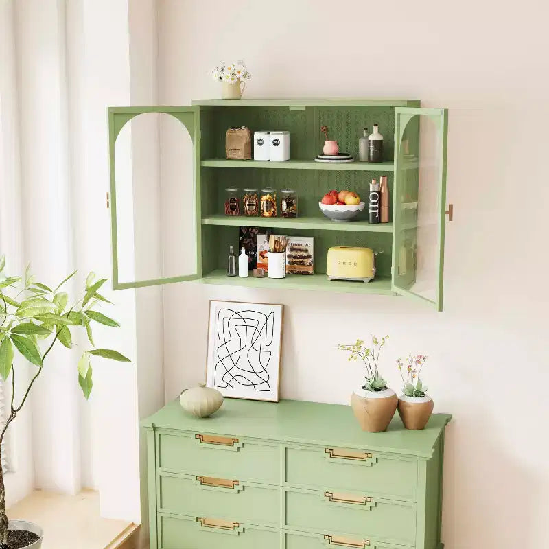 MAYEERTY 27.56 Armadietto pensile moderno a due ante in vetro con tre ripiani e motivo intrecciato per bagno e soggiorno, verde