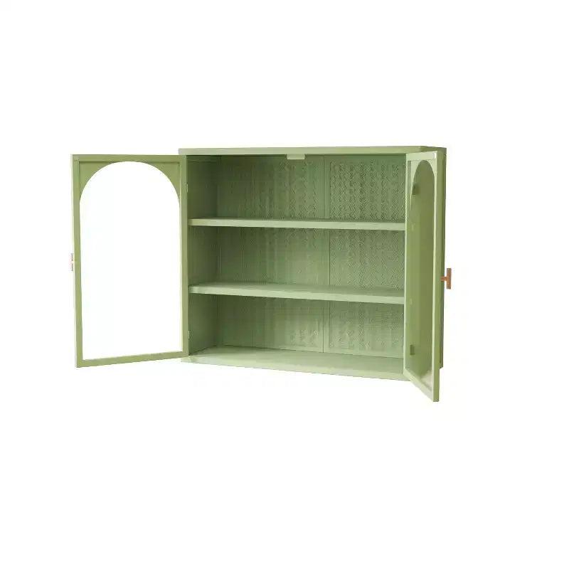MAYEERTY 27.56 Armadietto pensile moderno a due ante in vetro con tre ripiani e motivo intrecciato per bagno e soggiorno, verde