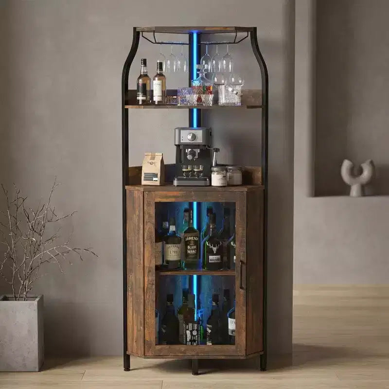 Mobile da Bar Caffetteria, Mobile Buffet Rustico con Anta Scorrevole a Fienile, Mobile Bar con Presa di Corrente Tipo C e USB, Mobile Vini con Portabottiglie per 9 Bottiglie e Portacalici