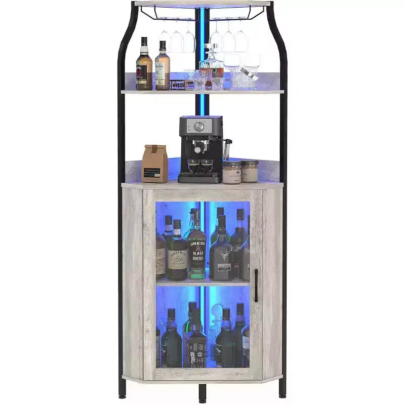 Mobile da Bar Caffetteria, Mobile Buffet Rustico con Anta Scorrevole a Fienile, Mobile Bar con Presa di Corrente Tipo C e USB, Mobile Vini con Portabottiglie per 9 Bottiglie e Portacalici