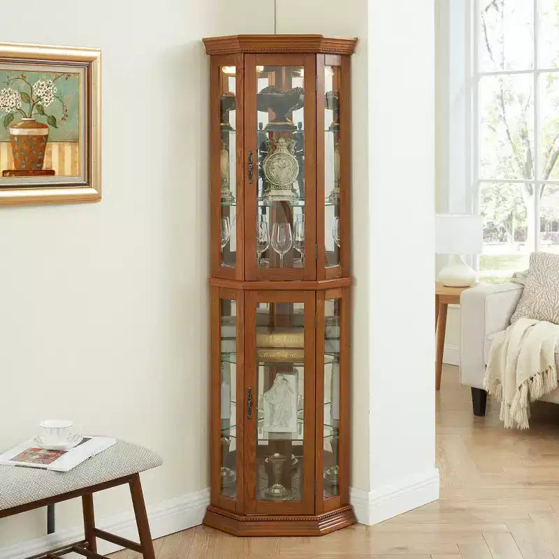 Corner Curio Cabinet with Light, Adjustable Glass Shelves, and Beaded Decoration for Displaying Collectibles