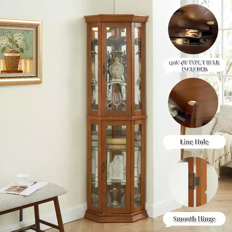 Vetrinetta angolare con luce, ripiani in vetro regolabili e decorazione perlata per esporre oggetti da collezione