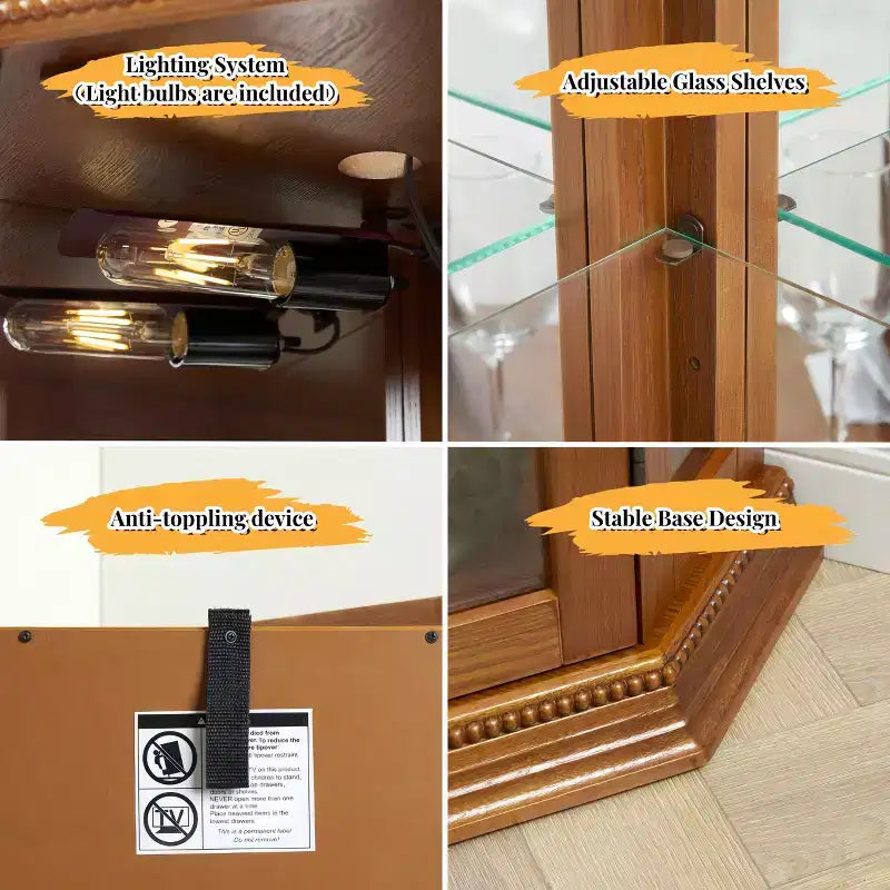 Vetrinetta angolare con luce, ripiani in vetro regolabili e decorazione perlata per esporre oggetti da collezione