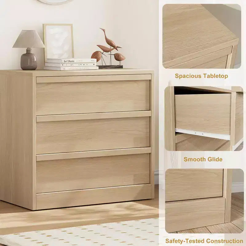 Comodino a 3 cassetti | Comodino in rovere naturale e cassettiera piccola moderna con ampio spazio per camera da letto, soggiorno, cameretta e ingresso