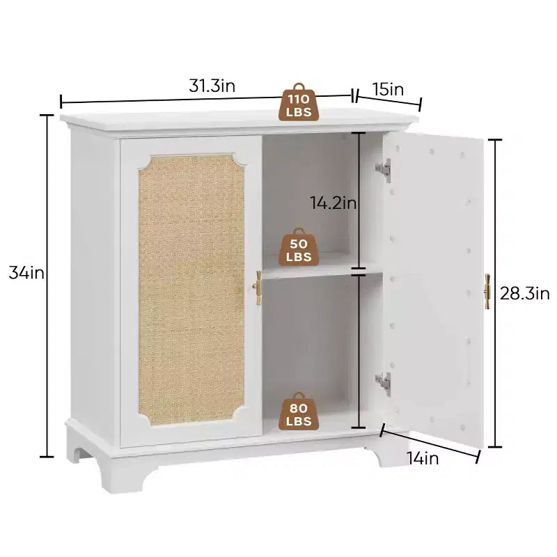 MAYEERTY Madia Credenza Mobile Contenitore con Ante Decorate in Rattan Tavolino Consolle per Soggiorno Cucina Bianco Beige