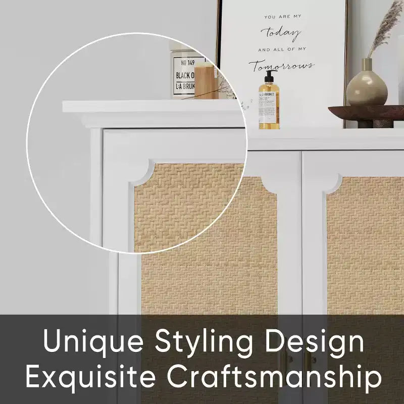 MAYEERTY Madia Credenza Mobile Contenitore con Ante Decorate in Rattan Tavolino Consolle per Soggiorno Cucina Bianco Beige