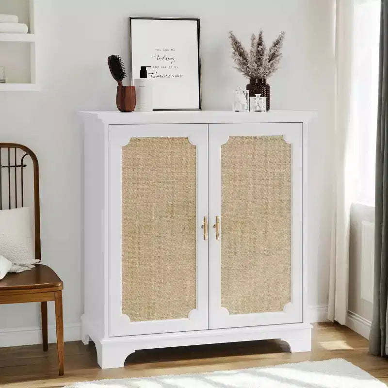 MAYEERTY Madia Credenza Mobile Contenitore con Ante Decorate in Rattan Tavolino Consolle per Soggiorno Cucina Bianco Beige