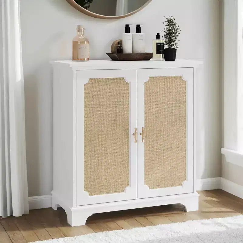 MAYEERTY Madia Credenza Mobile Contenitore con Ante Decorate in Rattan Tavolino Consolle per Soggiorno Cucina Bianco Beige