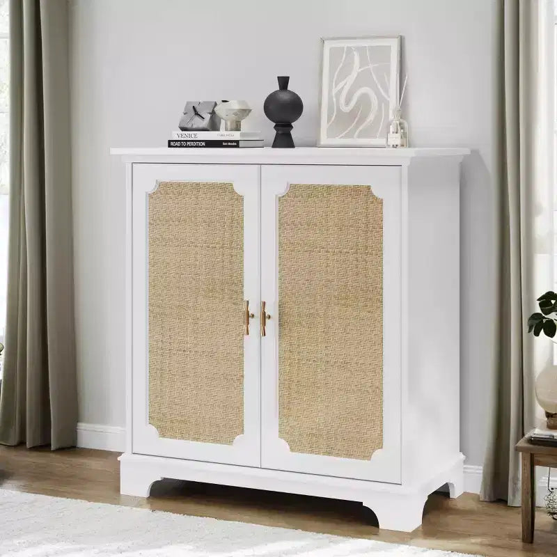 MAYEERTY Madia Credenza Mobile Contenitore con Ante Decorate in Rattan Tavolino Consolle per Soggiorno Cucina Bianco Beige