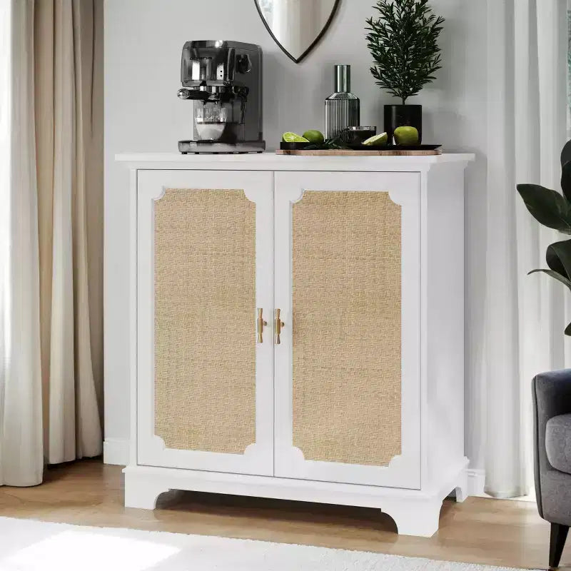 MAYEERTY Madia Credenza Mobile Contenitore con Ante Decorate in Rattan Tavolino Consolle per Soggiorno Cucina Bianco Beige