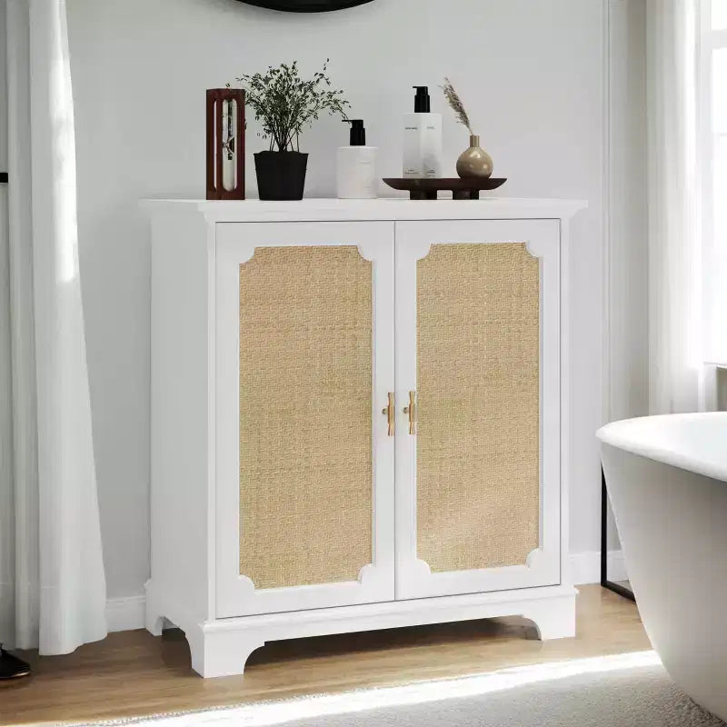 MAYEERTY Madia Credenza Mobile Contenitore con Ante Decorate in Rattan Tavolino Consolle per Soggiorno Cucina Bianco Beige