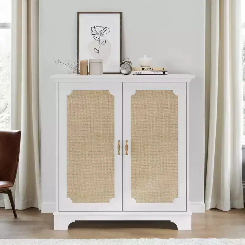 MAYEERTY Madia Credenza Mobile Contenitore con Ante Decorate in Rattan Tavolino Consolle per Soggiorno Cucina Bianco Beige