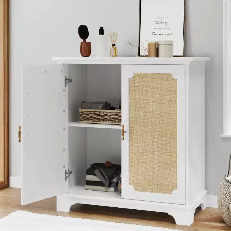 MAYEERTY Madia Credenza Mobile Contenitore con Ante Decorate in Rattan Tavolino Consolle per Soggiorno Cucina Bianco Beige