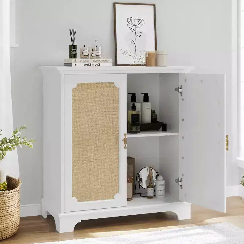 MAYEERTY Madia Credenza Mobile Contenitore con Ante Decorate in Rattan Tavolino Consolle per Soggiorno Cucina Bianco Beige