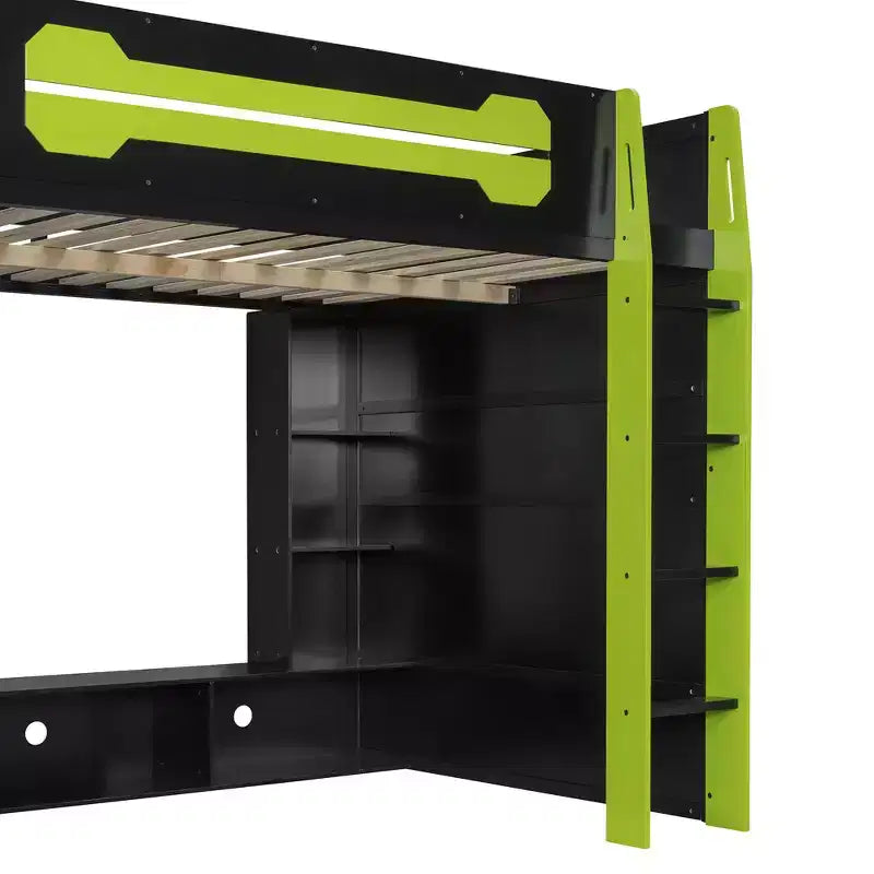 Letto a soppalco moderno Luxystar a grandezza naturale con scrivania per computer illuminata, libreria e centro di intrattenimento