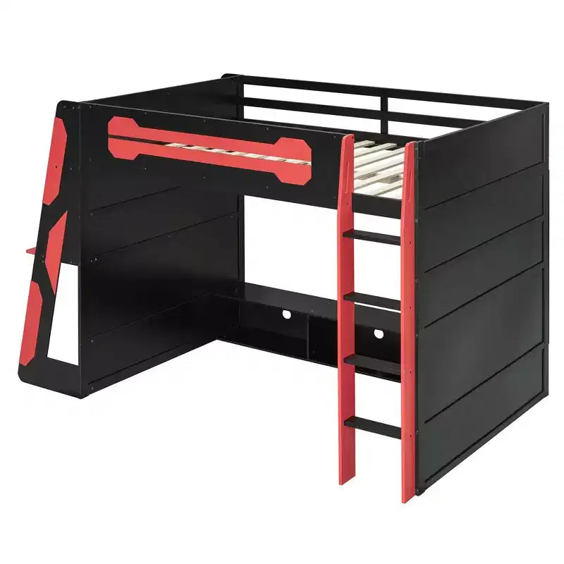 Letto a soppalco moderno Luxystar a grandezza naturale con scrivania per computer illuminata, libreria e centro di intrattenimento