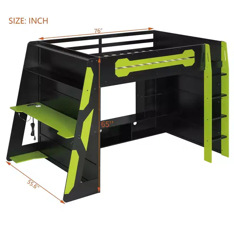 Letto a soppalco moderno Luxystar a grandezza naturale con scrivania per computer illuminata, libreria e centro di intrattenimento
