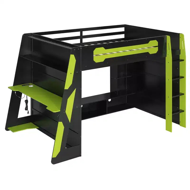 Letto a soppalco moderno Luxystar a grandezza naturale con scrivania per computer illuminata, libreria e centro di intrattenimento