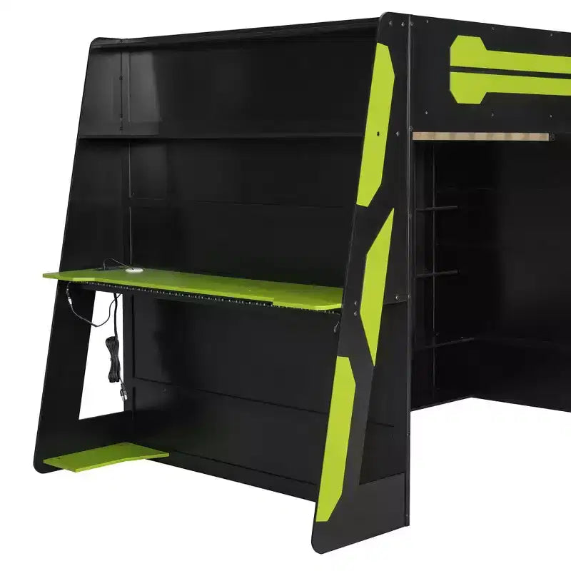 Letto a soppalco moderno Luxystar a grandezza naturale con scrivania per computer illuminata, libreria e centro di intrattenimento