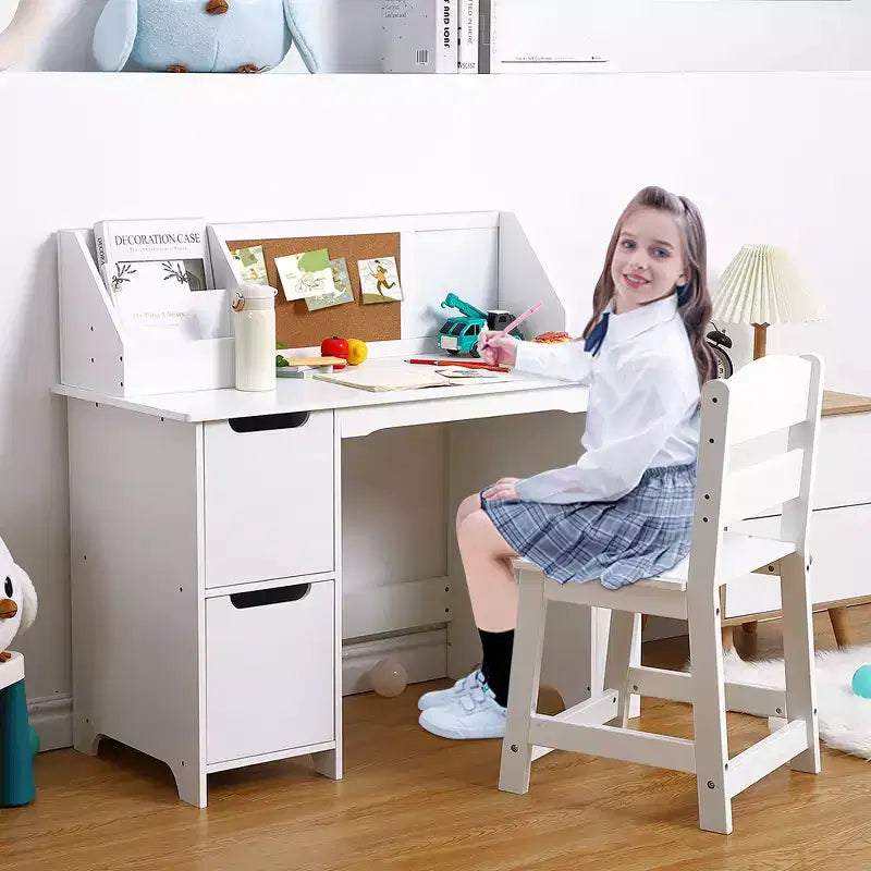 Scrivania e Sedia per Bambini con Struttura a Scomparti e Bacheca, Tavolo da Studio in Legno per Camera da Leto e Stanza di Apprendimento
