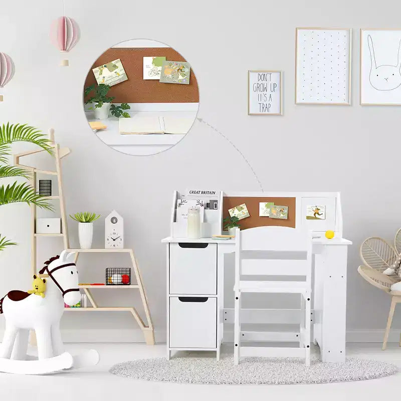 Scrivania e Sedia per Bambini con Struttura a Scomparti e Bacheca, Tavolo da Studio in Legno per Camera da Leto e Stanza di Apprendimento