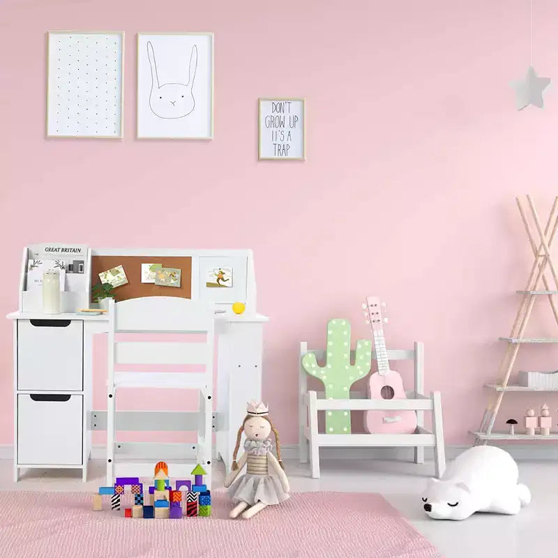 Scrivania e Sedia per Bambini con Struttura a Scomparti e Bacheca, Tavolo da Studio in Legno per Camera da Leto e Stanza di Apprendimento