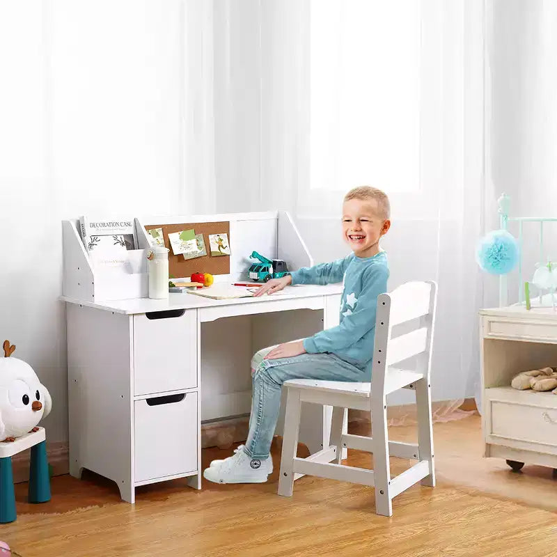 Scrivania e Sedia per Bambini con Struttura a Scomparti e Bacheca, Tavolo da Studio in Legno per Camera da Leto e Stanza di Apprendimento