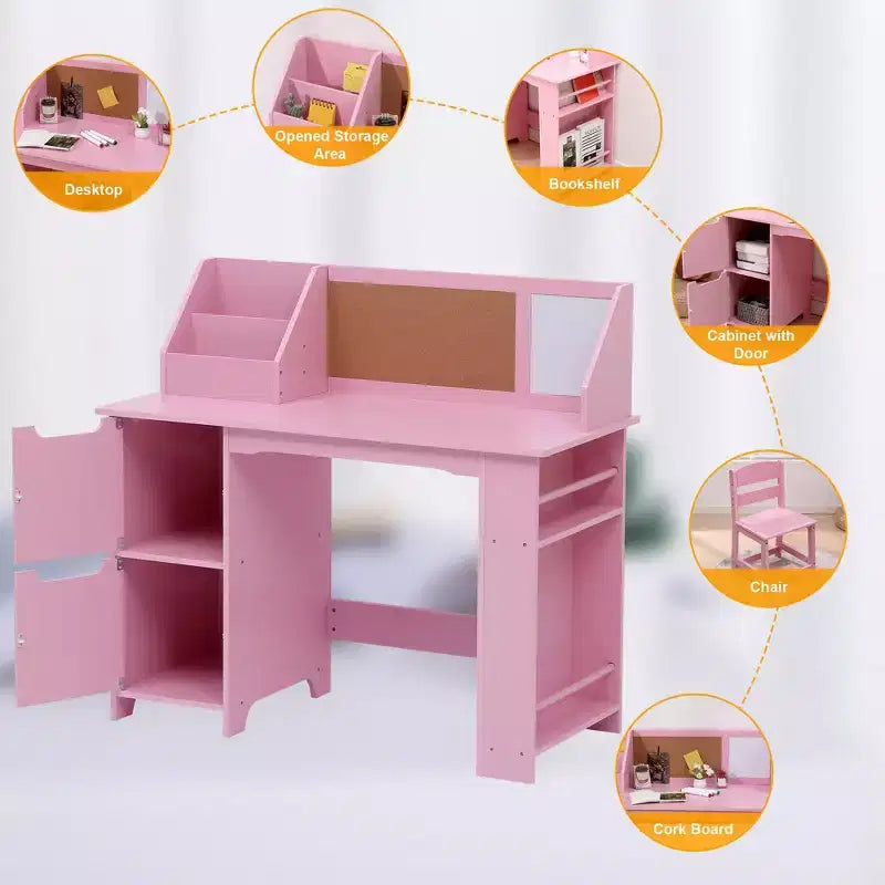 Scrivania e Sedia per Bambini con Struttura a Scomparti e Bacheca, Tavolo da Studio in Legno per Camera da Leto e Stanza di Apprendimento