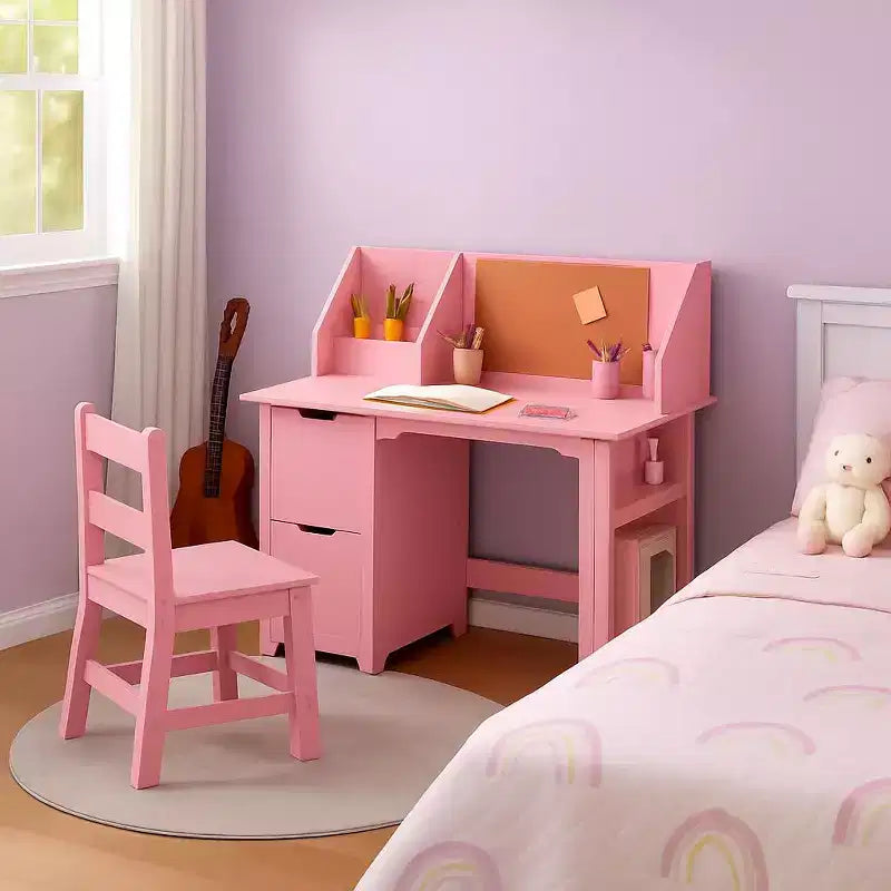 Scrivania e Sedia per Bambini con Struttura a Scomparti e Bacheca, Tavolo da Studio in Legno per Camera da Leto e Stanza di Apprendimento