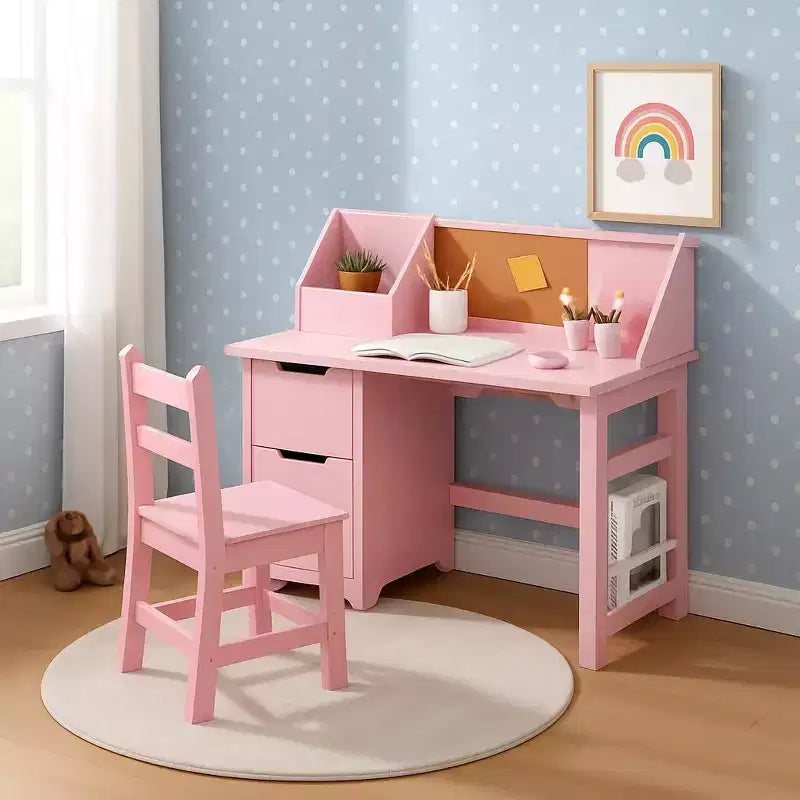 Scrivania e Sedia per Bambini con Struttura a Scomparti e Bacheca, Tavolo da Studio in Legno per Camera da Leto e Stanza di Apprendimento