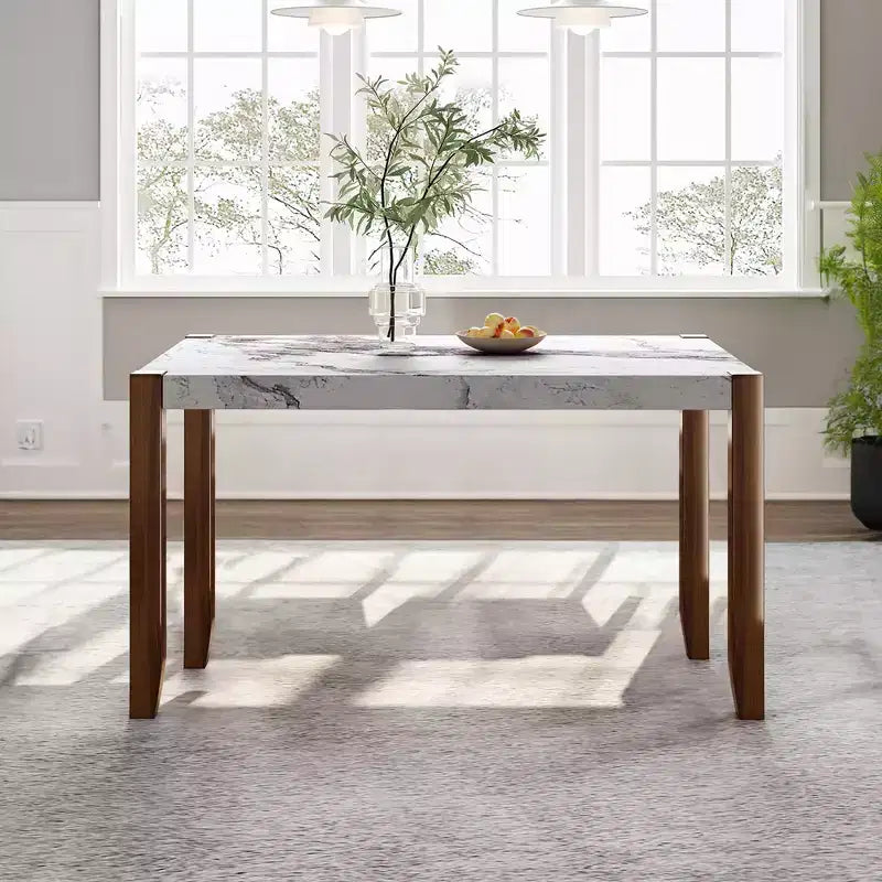 46.5 Tavolo da pranzo moderno in finto marmo con gambe in legno e superficie facile da pulire