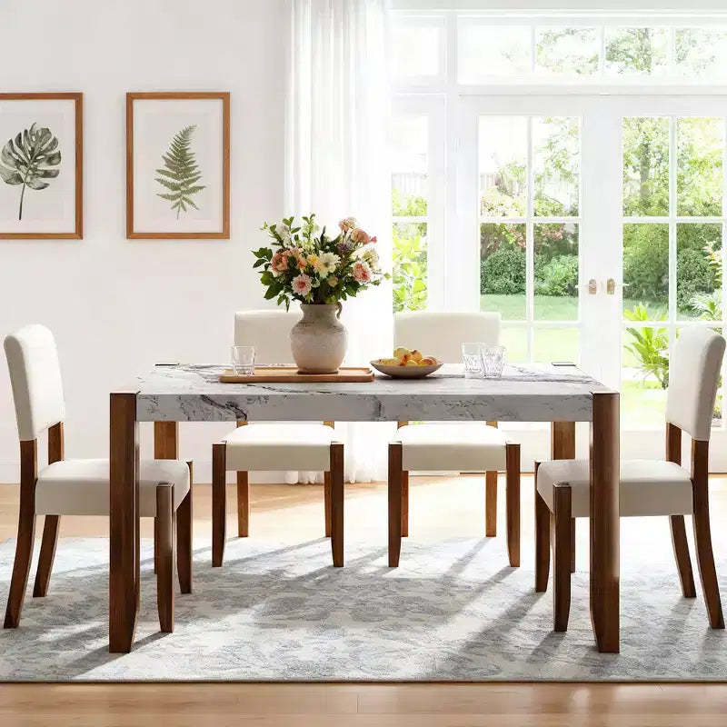 46.5 Tavolo da pranzo moderno in finto marmo con gambe in legno e superficie facile da pulire