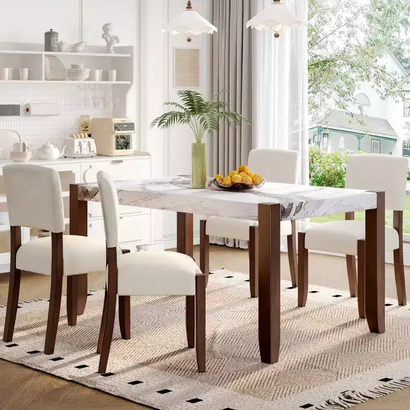 46.5 Tavolo da pranzo moderno in finto marmo con gambe in legno e superficie facile da pulire