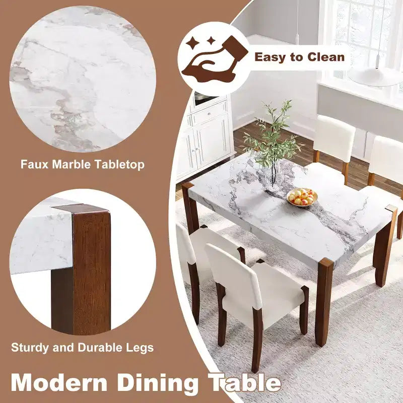 46.5 Tavolo da pranzo moderno in finto marmo con gambe in legno e superficie facile da pulire