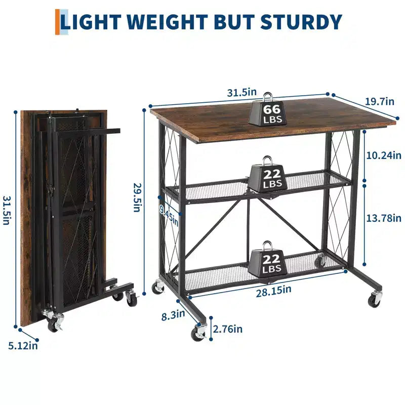 Scrivania Pieghevole da 80 cm con Ruote, Scrivania Mobile per Computer a 3 Livelli con Ripiani Aperti, Scrivania da Lavoro in Legno Senza Montaggio per Ufficio, Camera da Letto, Soggiorno